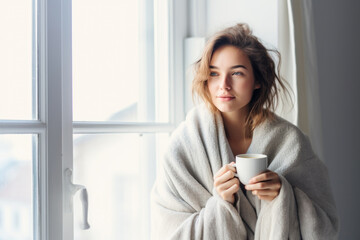 Young woman wrapped in a white blanket  holding a cup with hot drink trying to warm up in the cold apartment