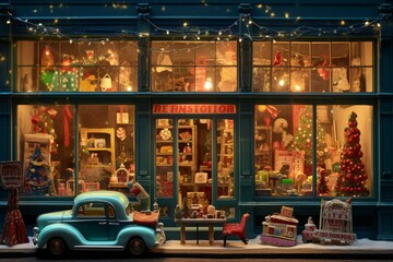 Fototapeta na wymiar The colorful vintage-inspired Christmas toy store front or window is brightly lit, creating a festive tone. Generative AI