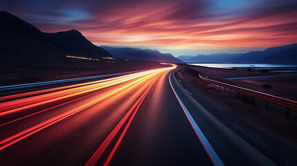 Long exposure shot of cars driving on a road by night