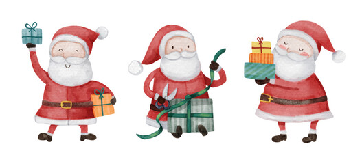 Santa claus . Christmas theme . Watercolor paint cartoon characters . Isolated . Set 2 of 15 . Vector .