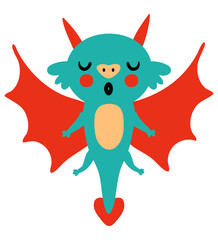 Cute flying dragon Happy New Year 2024 cartoon character. Perfect for tee, poster, greeting card, sticker. Doodle isolated vector illustration.