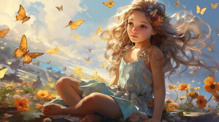 Little girl sitting in a garden in the sky with flowers and butterflies 