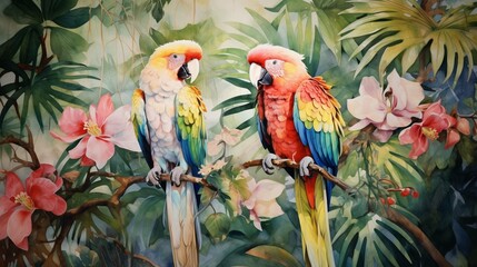 Tropical rainforest with parrots in two colors white and gold watercolor illustration 