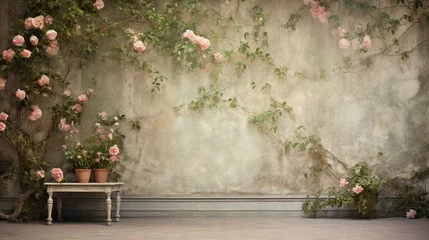 Poster Wallpaper for an old vintage exterior wall with climbing plants, roses and flowers - used as a wall painting © Areesha