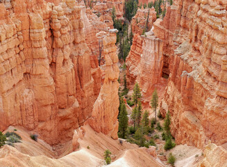 Fairytale landscape of glowing rock towers in the American Bryce Canyon.