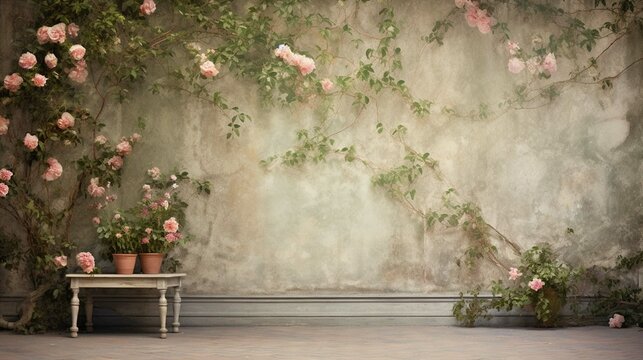 Wallpaper for an old vintage exterior wall with climbing plants, roses and flowers - used as a wall painting