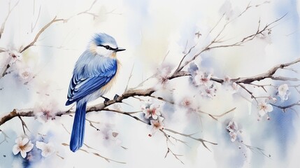 Watercolor painting of a landscape of branches with a colorful bird standing on the trees, in blue and white colors 