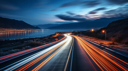 Fototapeta na wymiar Long exposure shot of cars driving on a road by night