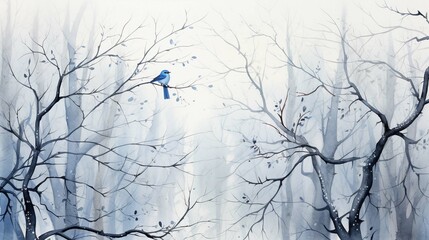 Watercolor painting of a landscape of branches with a colorful bird standing on the trees, in blue and white colors 