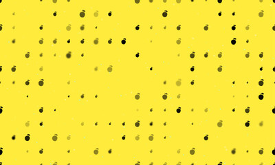 Seamless background pattern of evenly spaced black apple symbols of different sizes and opacity. Vector illustration on yellow background with stars