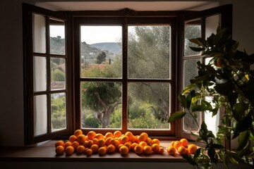 Fototapeta na wymiar Oranges on window with village view, garden trees and hanging fruit clusters. Generative AI