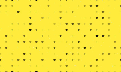 Seamless background pattern of evenly spaced black coffee cup symbols of different sizes and opacity. Vector illustration on yellow background with stars