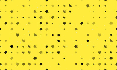 Seamless background pattern of evenly spaced black forget-me-not flowers of different sizes and opacity. Vector illustration on yellow background with stars