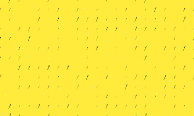 Seamless background pattern of evenly spaced black forks of different sizes and opacity. Vector illustration on yellow background with stars