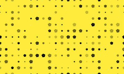 Seamless background pattern of evenly spaced black geraniums of different sizes and opacity. Vector illustration on yellow background with stars