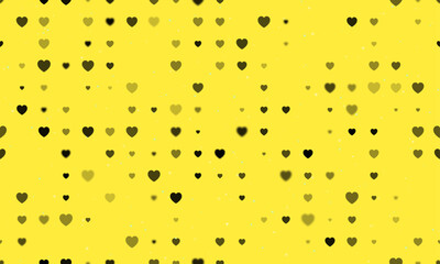 Seamless background pattern of evenly spaced black hearts of different sizes and opacity. Vector illustration on yellow background with stars