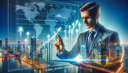 Global Business Expansion：上昇する経済チャートと高層ビルを背景にしたビジネスマン - obrazy, fototapety, plakaty