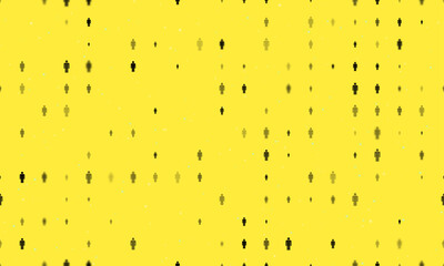 Seamless background pattern of evenly spaced black man symbols of different sizes and opacity. Vector illustration on yellow background with stars