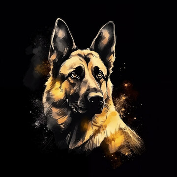 Deutscher Sch&auml;ferhund in der Nacht, Portr&auml;t, Illustration