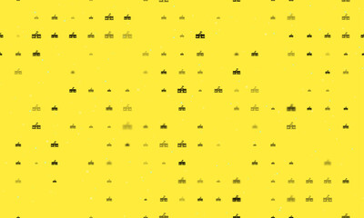 Seamless background pattern of evenly spaced black school building symbols of different sizes and opacity. Vector illustration on yellow background with stars