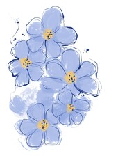 Abstract Blue flowers drawn on a white background 
