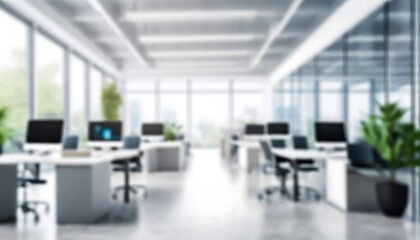 The open space office is empty and dim. Abstract light effect on office interior background for...