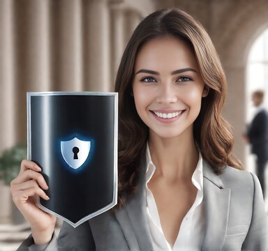 Confident Businesswoman Holding Shield for Data Protection and Online Privacy. generative AI