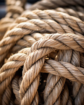 Nautical background. Closeup of an old frayed boat rope. Tonned image.