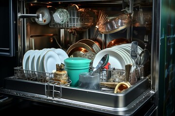 Machinery for cleaning utensils, sink with dirty water, sprinkler drain, and compartment for salt in a dishwasher. Generative AI - obrazy, fototapety, plakaty