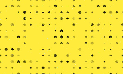 Seamless background pattern of evenly spaced black halloween pumpkin symbols of different sizes and opacity. Vector illustration on yellow background with stars