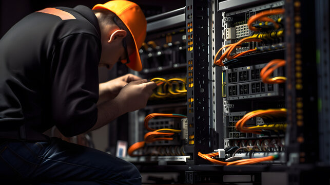 Photo of a computer technician, technician or system administrator working in server racks with wires. The process of troubleshooting a server room in details