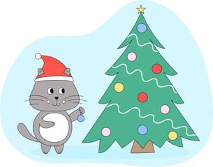 Cat decorating a Christmas tree. Cute character for greeting card, poster, invitation. New year illustration