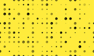 Seamless background pattern of evenly spaced black tennis balls of different sizes and opacity. Vector illustration on yellow background with stars