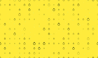 Seamless background pattern of evenly spaced black diamond ring symbols of different sizes and opacity. Vector illustration on yellow background with stars