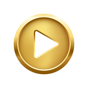 Gold play button 3d vector illustration. Abstract golden circle ring on white background with triangle. Play icon, Press to start. Multimedia, audio, video, cinema, music