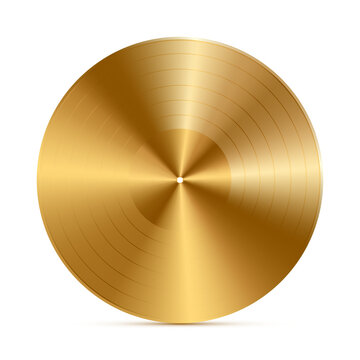 Realistic gold vinyl disc vector illustration isolated on white background. Music record album. Highest award for musicians. Songs and singers reward. Old technology, retro design, top charts concept