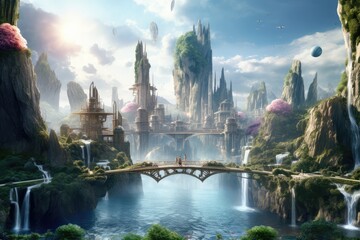 Fototapeta na wymiar Fantasy City in Sky, Future Cityscape, Landscape, Drawing Imitation, Abstract Generative AI Illustration