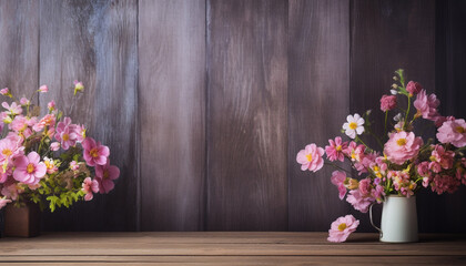 Bouquet of flowers on wooden table. Background for product display