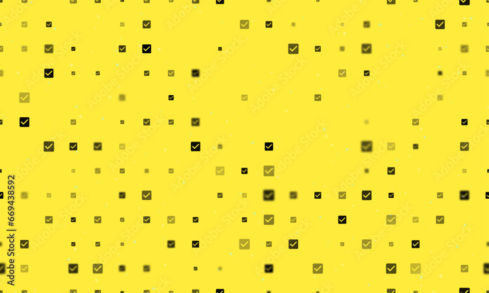 Poster seamless background pattern of evenly spaced black checkbox symbols of different sizes and opacity. 