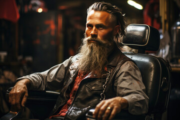 Fototapeta premium Hairdressing salon barbershop for men's beard care, beautiful stylish hipster haircut. AI generated.