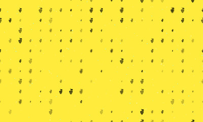 Seamless background pattern of evenly spaced black grapes symbols of different sizes and opacity. Vector illustration on yellow background with stars