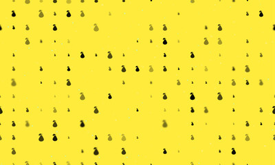 Seamless background pattern of evenly spaced black pear symbols of different sizes and opacity. Vector illustration on yellow background with stars