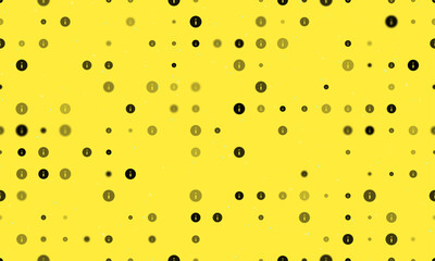 Seamless background pattern of evenly spaced black info symbols of different sizes and opacity. Vector illustration on yellow background with stars