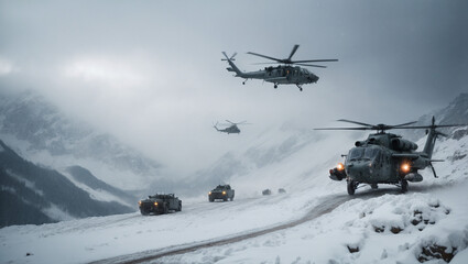 Fototapeta na wymiar Mountain warfare: Military helicopters and armored vehicles navigate treacherous alpine terrain during a snowstorm.
