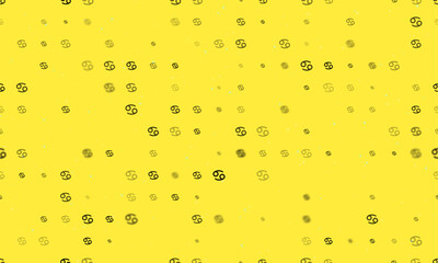 Seamless background pattern of evenly spaced black cancer zodiac symbols of different sizes and opacity. Vector illustration on yellow background with stars