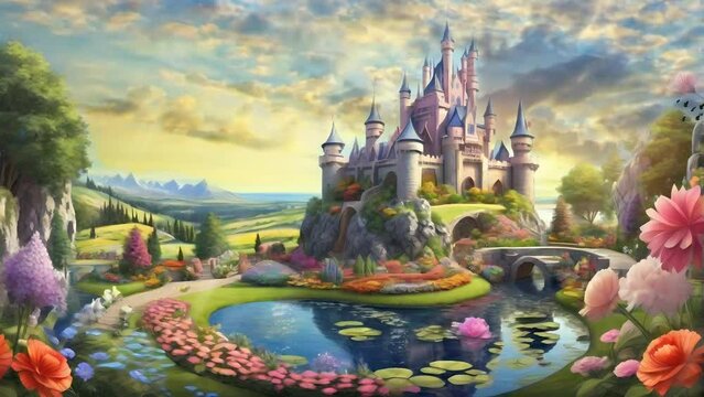 Beautiful fantasy castle with sunset panorama, Seamless Animation Video Background in 4K Resolution	