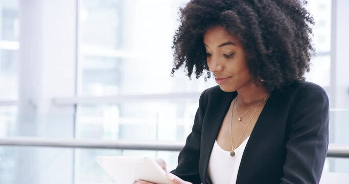Business woman, tablet and writing in corporate finance, management or research at office. Female person, accountant or employee with technology or notes for financial planning or budget at workplace