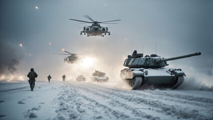 Snowy battlefield Soldiers and tanks maneuver through a blizzard under the cover of military helicopters. - obrazy, fototapety, plakaty