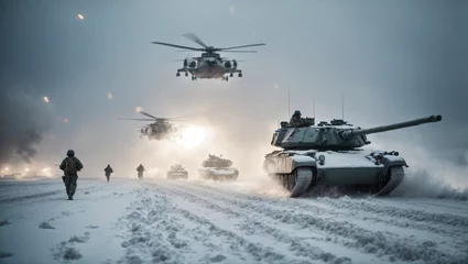 Foto op Canvas Snowy battlefield Soldiers and tanks maneuver through a blizzard under the cover of military helicopters. © xKas