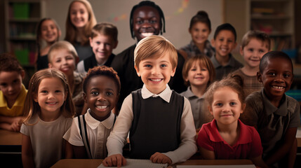 The cheerful appearance of teachers and children of various races at an elementary school